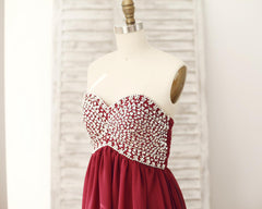 Wine Red Chiffon Beaded Sweetheart Floor Length Formal Dress, Charming Junior Prom Dress