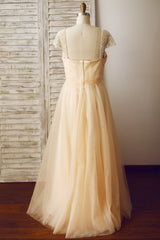Champagne Cap Sleeves Tulle Prom Gown, Prom Dress , Wedding Party Dress