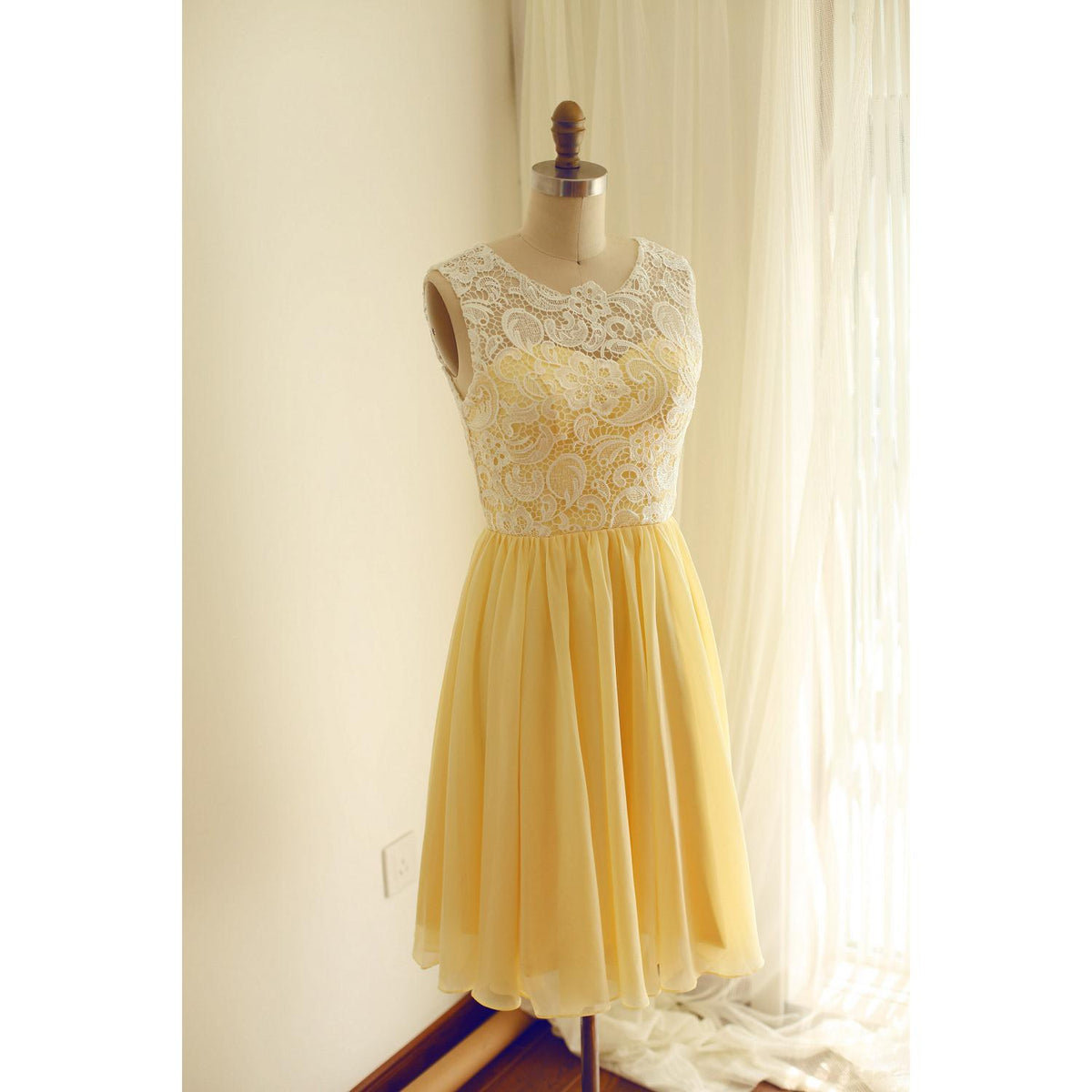 Chiffon and Lace Yellow Bridesmaid Dress, Charming Handmade Formal Dress