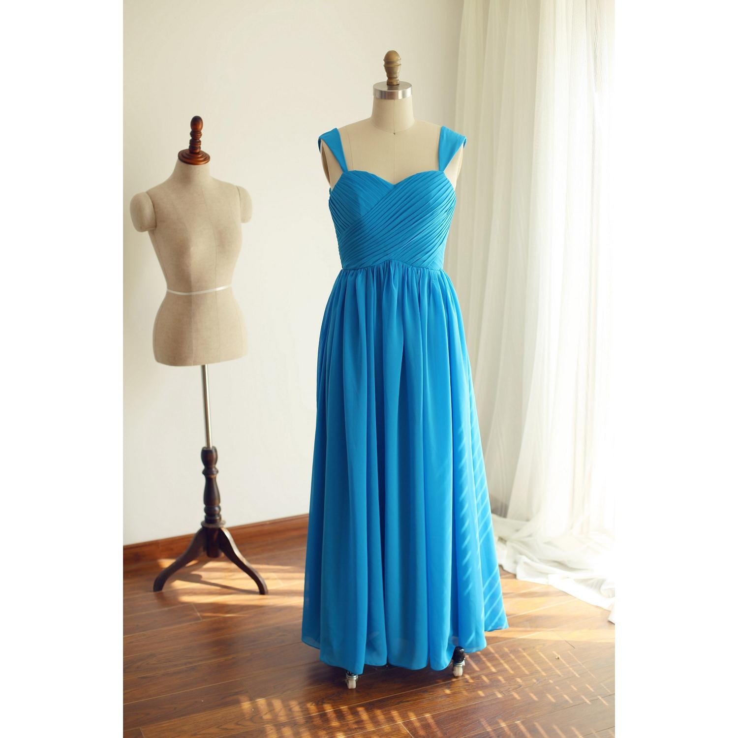 Blue Chiffon Straps Floor Length Wedding Party Dress, Beautiful Handmade Formal Gown