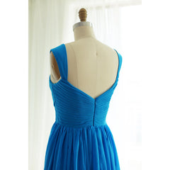Blue Chiffon Straps Floor Length Wedding Party Dress, Beautiful Handmade Formal Gown
