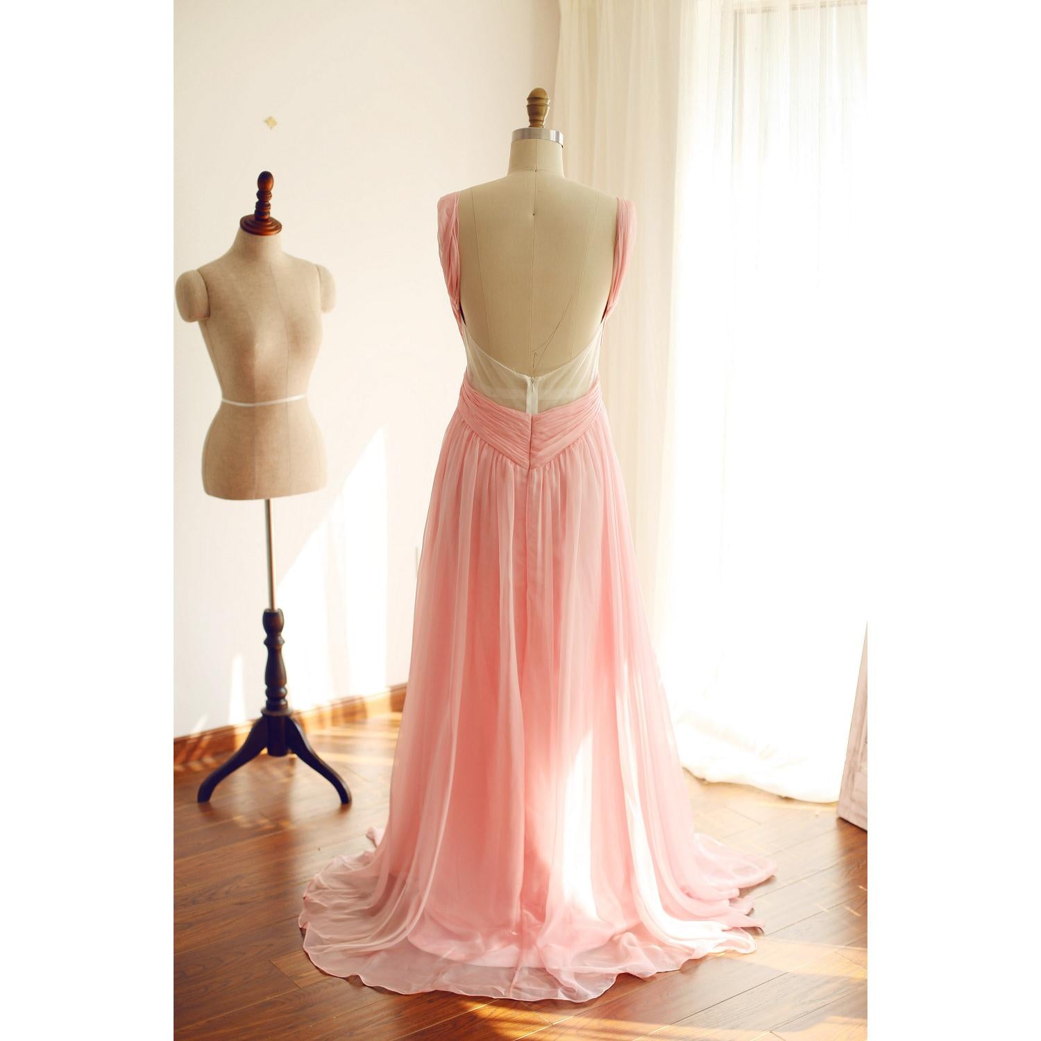 Pink Chiffon Long Formal Gown, Pink A-line Party Dress, Prom Dresses