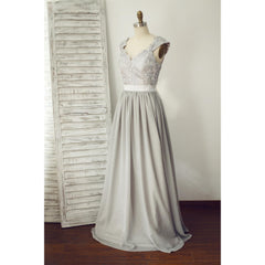 Grey Lace and Chiffon Cap Sleeves Bridesmaid Dress, Grey Wedding Party Dress