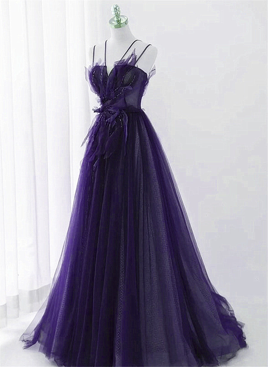 Purple Tulle Beaded Long A-line Prom Dress Formal Dress, Purple Evening Dress