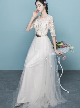 Ivory Elegant Short Sleeves Lace and Tulle Long Party Dress, A-line Ivory Long Bridesmaid Dresses