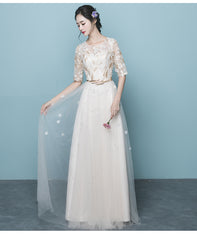 Ivory Elegant Short Sleeves Lace and Tulle Long Party Dress, A-line Ivory Long Bridesmaid Dresses