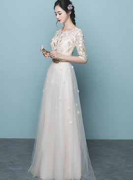 Ivory Elegant Short Sleeves Lace and Tulle Long Party Dress, A-line Ivory Long Bridesmaid Dresses