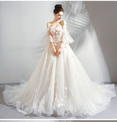 Ivory Tulle Ball Gown Sweetheart Flower Lace Long Evening Gown Party Dress, Ivory Quinceanera Dress