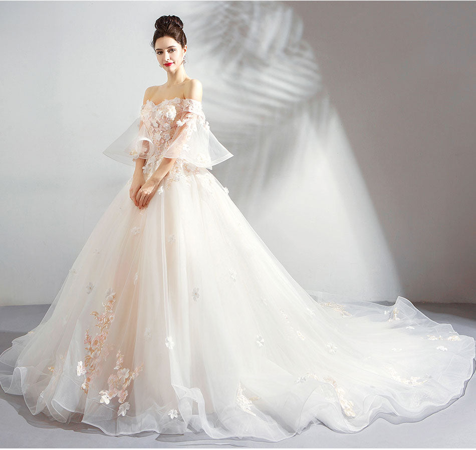 Ivory Tulle Ball Gown Sweetheart Flower Lace Long Evening Gown Party Dress, Ivory Quinceanera Dress