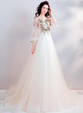 Beautiful Tulle Round Neckline Flower Lace Applique Long Formal Dress, Ivory Prom Dresses