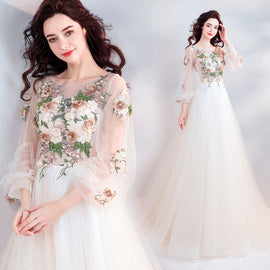 Beautiful Tulle Round Neckline Flower Lace Applique Long Formal Dress, Ivory Prom Dresses