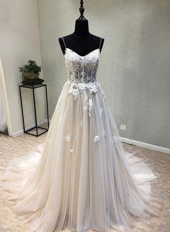 Ivory Tulle and Lace Floral Wedding Gowns, Romantic Bridal Gowns, Wedding Dresses, Prom Dress