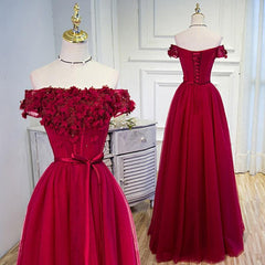 Wine Red Off Shoulder Tulle A-line Prom Gown, Prom Dresses