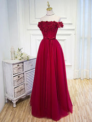 Wine Red Off Shoulder Tulle A-line Prom Gown, Prom Dresses