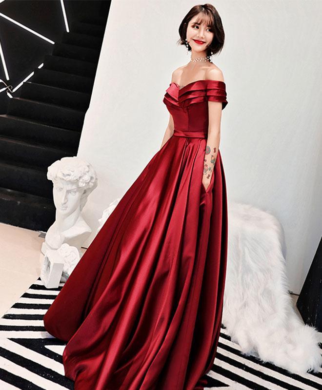 Charming Dark Red Satin Floor Length Off Shoulder Party Gown, Prom Dress
