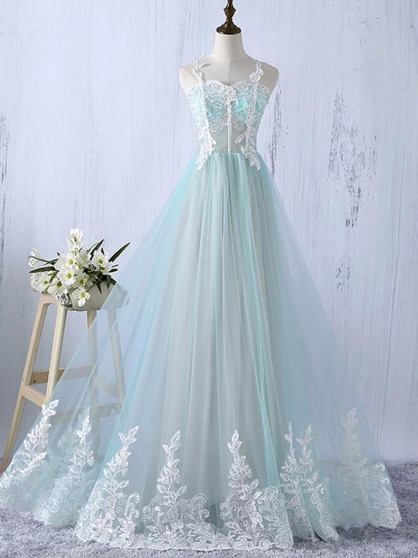 Elegant Mint Tulle A-line Straps Floor-length Appliques Long Simple Prom Dress, Wedding Party Dress