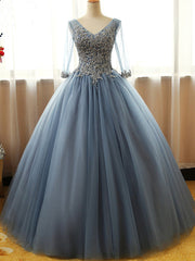 Gorgeous Long Blue Half Sleeve Prom Dresses, Floor-length Long Dusty Blue Ball Gown Party Dress