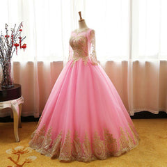 Pink Long Sleeves Tulle Party Dress with Gold Applique, Long Formal Dresses