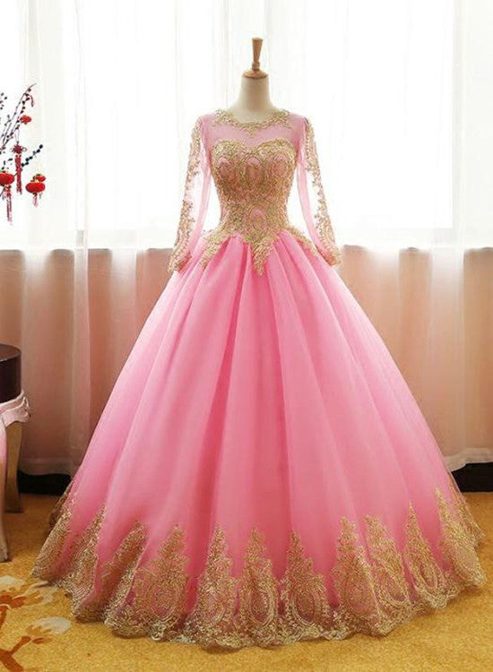 Pink Long Sleeves Tulle Party Dress with Gold Applique, Long Formal Dresses