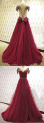 Burgundy Tulle Beaded New Style Party Dress, Long Formal Dresses