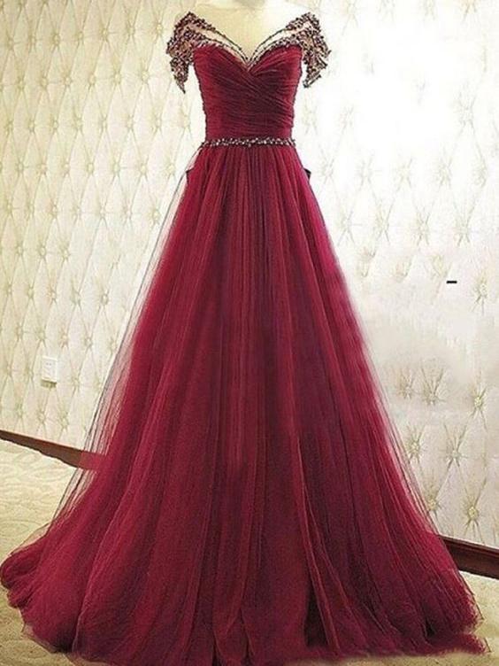 Burgundy Tulle Beaded New Style Party Dress, Long Formal Dresses