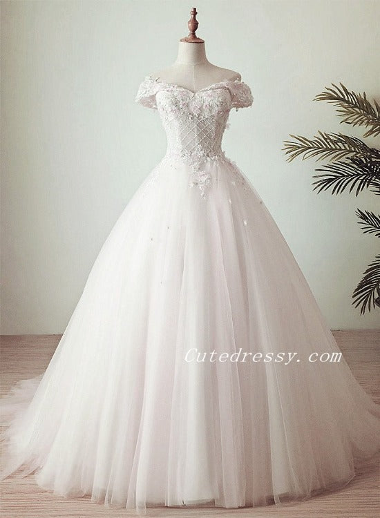 White Tulle with Flowers Long Off Shoulder Wedding Party Dress, White Formal Gowns