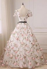 Beautiful Flowers V-neckline Short Sleeves Long Party Dress, Ball Gown Sweet 16 Dress