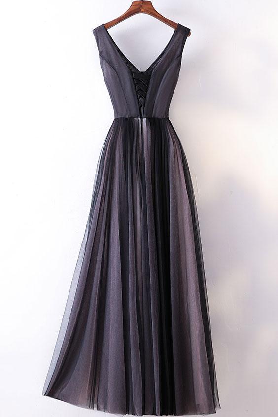 Beautiful Black Tulle V-neckline Floor Length Prom Dress with Embroidery, Junior Prom Dresses