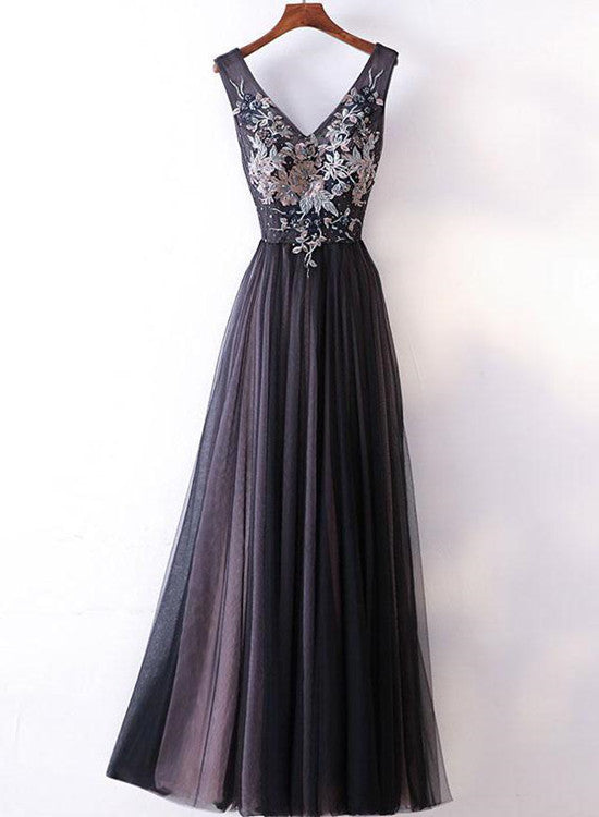 Beautiful Black Tulle V-neckline Floor Length Prom Dress with Embroidery, Junior Prom Dresses