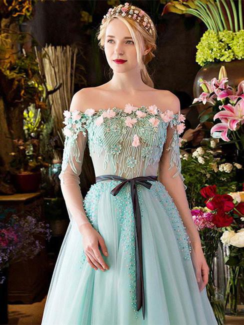 Mint Green 3D Flowers Lace Tulle Off Shoulder Party Dress, A-line Long Formal Dress Mint Green 3D Flowers Lace Tulle Off Shoulder Party Dress, A-line Long Formal Dress