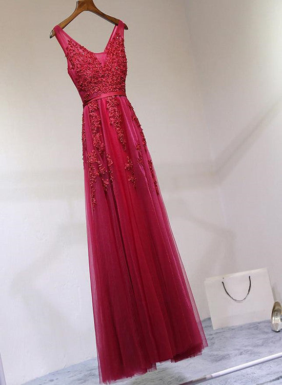 Charming Tulle Prom Dresses , Dark Red Formal Dresses, Evening Party Dresses