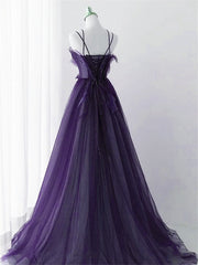 Purple Tulle Beaded Long A-line Prom Dress Formal Dress, Purple Evening Dress