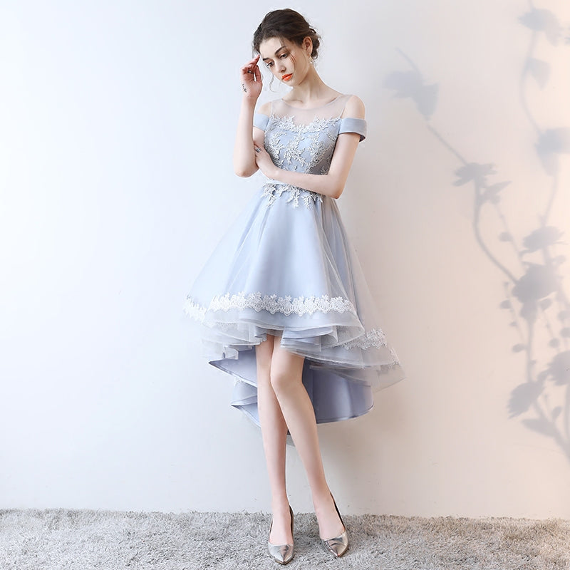 Beautiful Light Grey Tulle Off Shoulder High Low Lace Party Dress, Grey Homecoming Dress