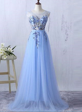 Light Blue Tulle Long Formal Dress with Embroidery, Beautiful Party Gowns
