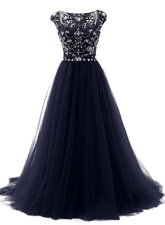 Charming Navy Blue Tulle Beaded Fashionable Prom Dress, Long A-line Formal Dress