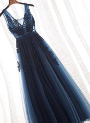 Charming Navy Blue Beaded Lace Long Party Dress, A-line Prom Dress