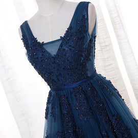 Charming Navy Blue Beaded Lace Long Party Dress, A-line Prom Dress