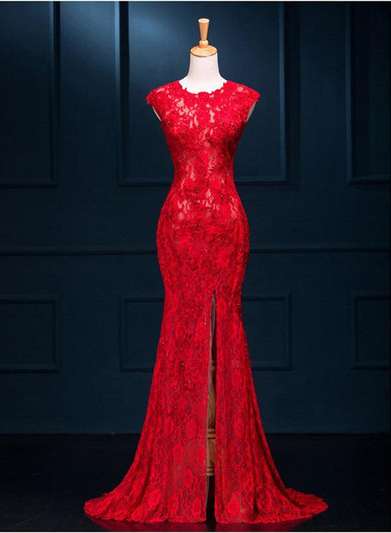 Red Lace Mermaid Slit Long Elegant Formal Gown , Red Party Dresses