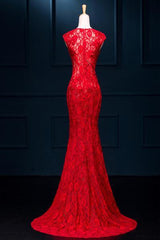 Red Lace Mermaid Slit Long Elegant Formal Gown , Red Party Dresses