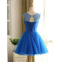 Cute Blue Beaded Knee Length Homecoming Dress, Short Prom Dress
