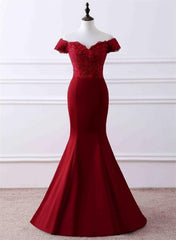 Wine Red Satin Mermaid Long Party Dress, Off Shoulder Formal Dress Evening Dress