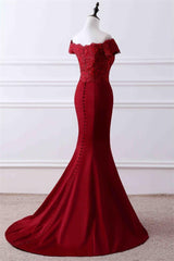Wine Red Satin Mermaid Long Party Dress, Off Shoulder Formal Dress Evening Dress