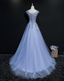 Blue Tulle V-neck Lace Flowers A-line Prom Dress, Blue Formal Dress Evening Dress