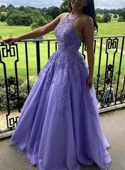 Lavender Halter Tulle with Lace Long Formal Dress, A-line Party Dress Prom Dress