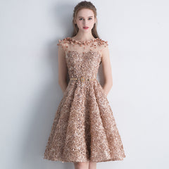 Lace Short Cute A-line Round Neckline Homecoming Dress, Lace Party Dress Formal Dress