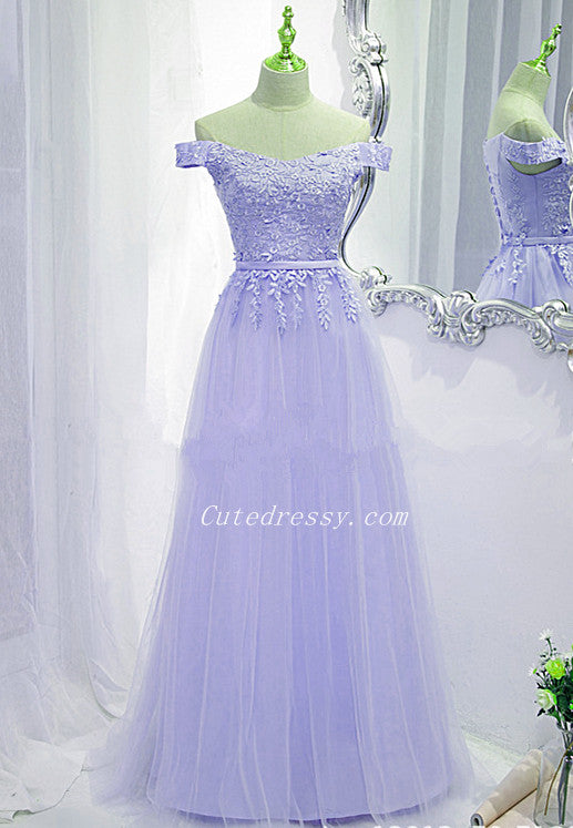 Lavender Tulle Off Shoulder Party Dress with Lace Applique, A-line Tulle Prom Dresses