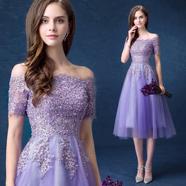 Lavender Tulle Short Lace Applique Beaded Off Shoulder Party Dress, Short Homecoming Dresses