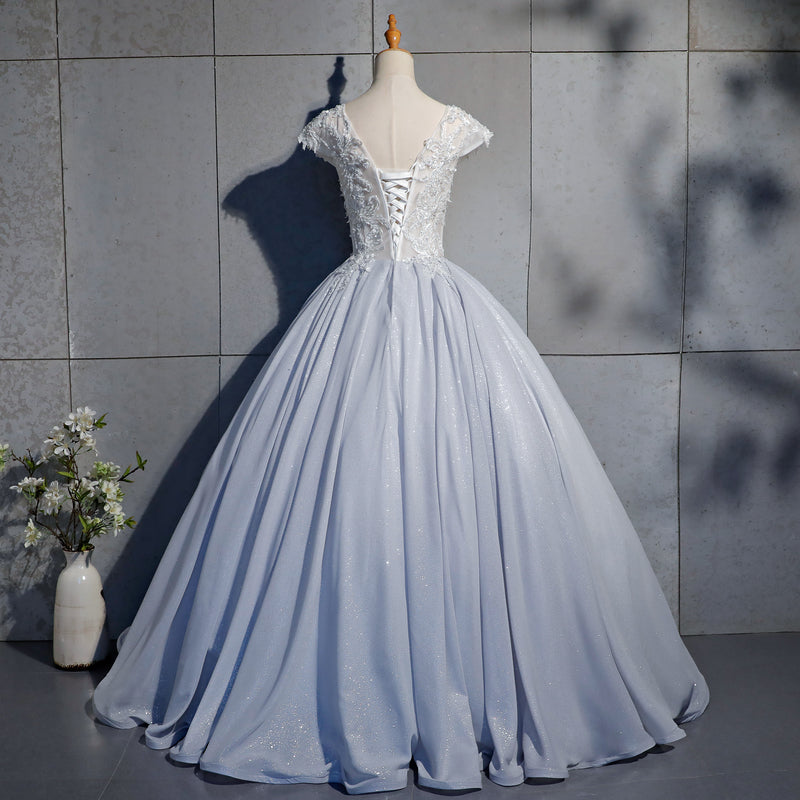 Light Blue Cap Sleeves Lace Top Ball Gown Sweet 16 Gown, Light Blue Prom Dress Formal Dress