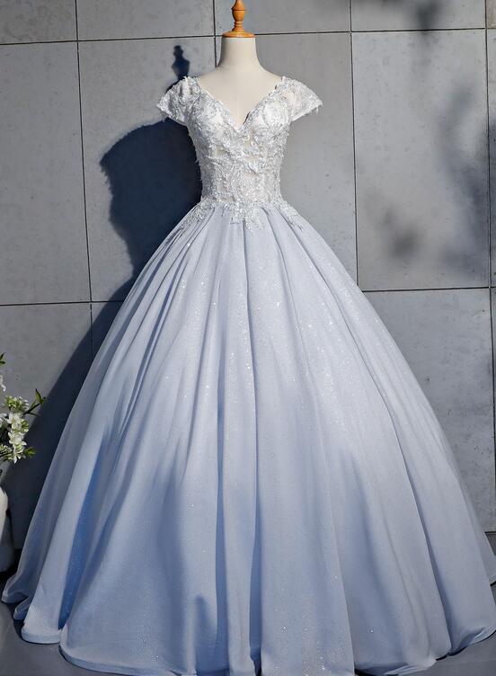 Light Blue Cap Sleeves Lace Top Ball Gown Sweet 16 Gown, Light Blue Prom Dress Formal Dress