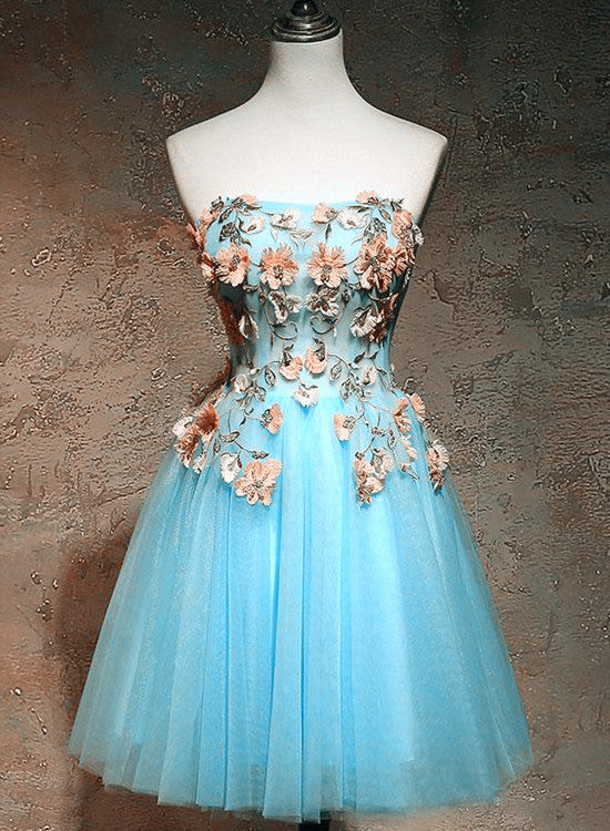 Light Blue Flowers Cute Tulle Knee Length Party Dress, Blue Floral Homecoming Dress Prom Dress